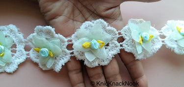 Off White Cotton Embroidery And Fabric Flower Trim With Satin Green Leaves And White/Green Rose, Approx. 55mm